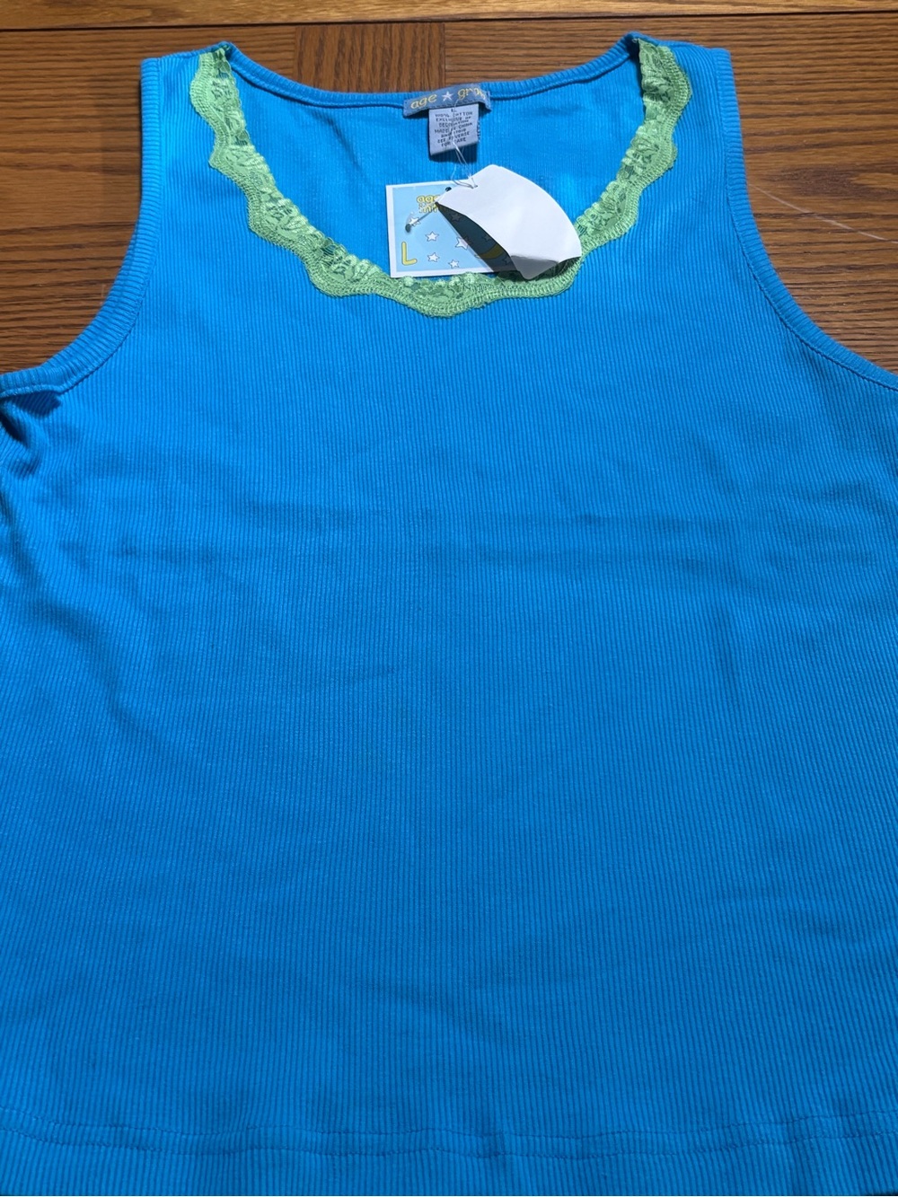 Bright Blue Ribbed Tank with Green Lace Trim